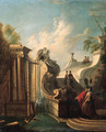 Elegant couples conversing on a staircase by a fountain - Jacques de Lajoue
