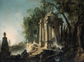 A wooded landscape with a marble pavillion and fountains, the sea beyond - Jacques de Lajoue