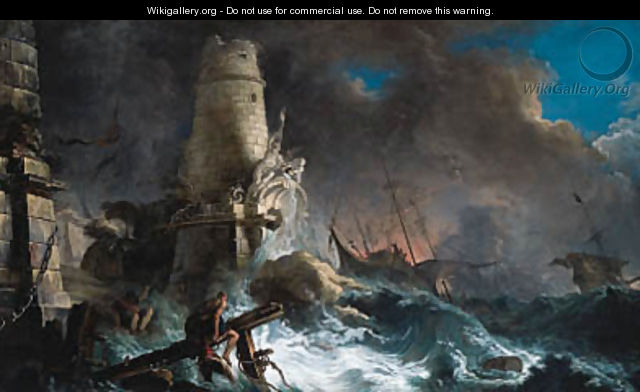A shipwreck in stormy seas with survivors near a harbour entrance - Jacques de Lajoue