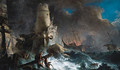 A shipwreck in stormy seas with survivors near a harbour entrance - Jacques de Lajoue