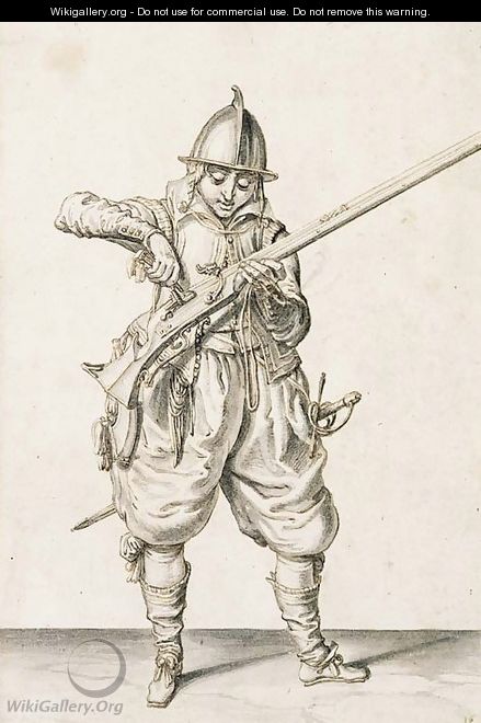 A soldier pouring powder into the pan of a matchlock - Jacques de Gheyn