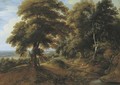 A wooded landscape with elegant figures on a path - Jacques d' Arthois