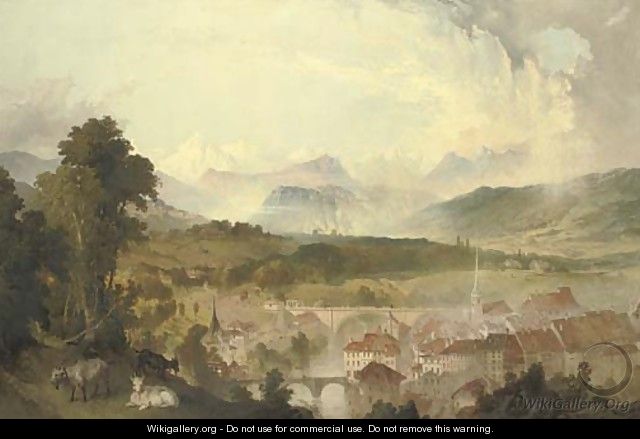 View of Berne with the Aar River and the Nydegg Bridge, goats in the foreground and the Alps beyond - James Astbury Hammersley
