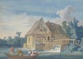The water mill at Ivry with fishermen on a boat in the foreground - Jakob Philippe Hackert
