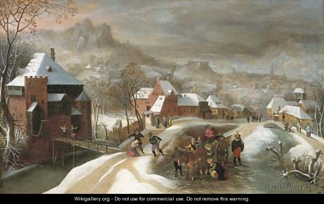 A winter landscape with soldiers in a village - Jacob Grimmer