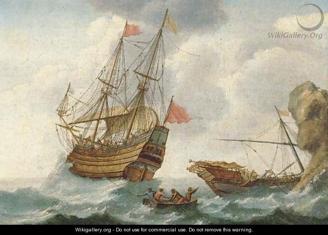 A warship in distress off the coast - Jacob Gerritz Loef