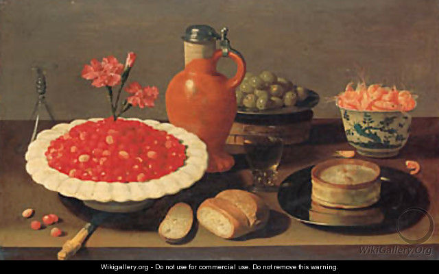 Wild strawberries in a porcelain bowl with carnations - Jacob Fopsen van Es