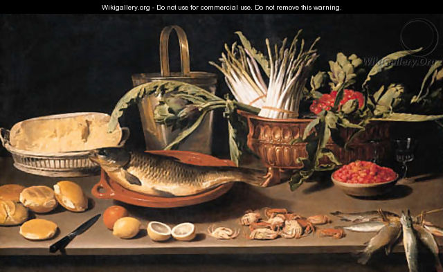A fish on a terracotta platter with fruits, vegetables and a cheese - Jacob Fopsen van Es