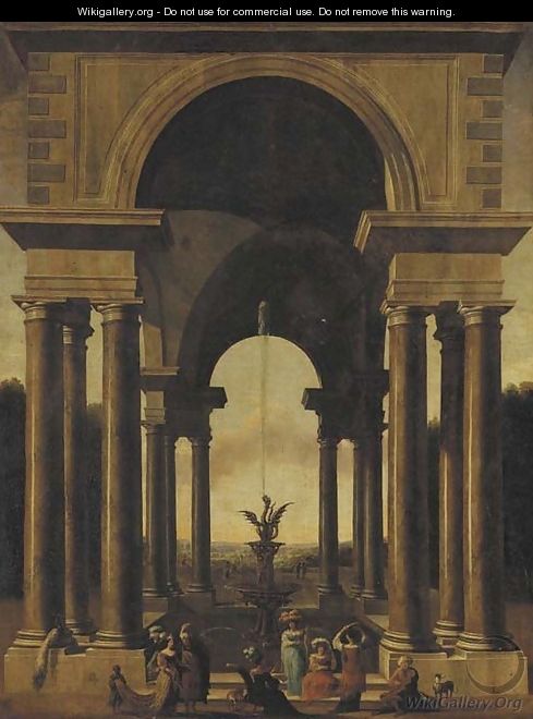 A classical portico with an elegant company gathered by a fountain - Jacobus Saeys
