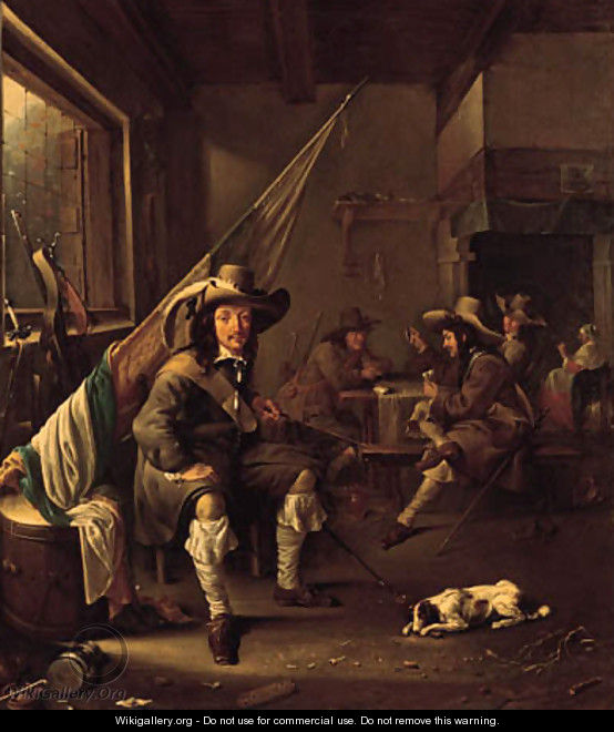 An ensign seated by a barrel in a guardroom, officers playing at cards by a chimney beyond - Jacob Duck