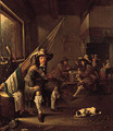 An ensign seated by a barrel in a guardroom, officers playing at cards by a chimney beyond - Jacob Duck