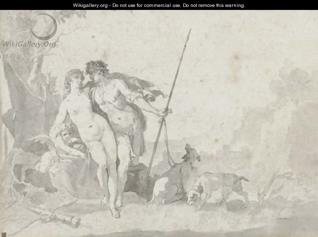 Venus and Adonis with Cupid in an extensive landscape - Jacob de Wit
