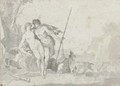 Venus and Adonis with Cupid in an extensive landscape - Jacob de Wit