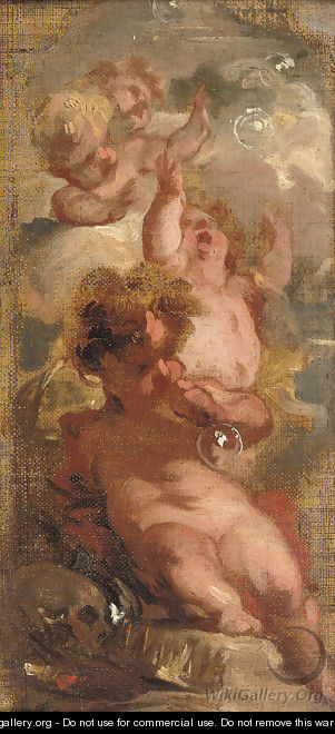 An Allegory of Vanitas Four putti blowing bubbles, a skull - Jacob de Wit
