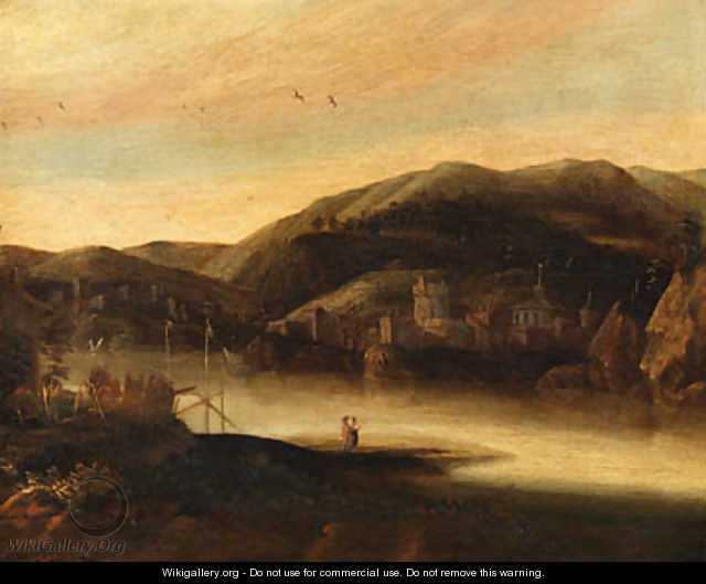 A river landscape with figures, a town and hills beyond - Jacob De Villeers