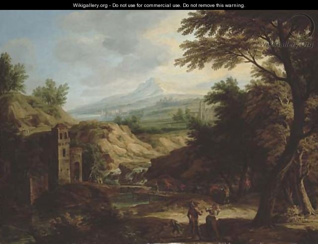 An Italianate extensive river landscape with travellers on a path by a fortified tower - Jacob Christoph Weyermann