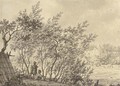 Two figures in a copse watching a bird trap, a castle beyond - Jacob Cats
