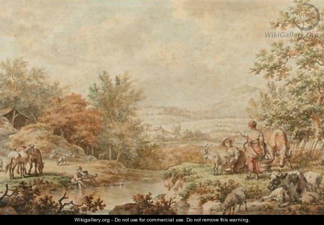A mountainous landscape with maids milking a goat on the bank of a stream - Jacob Cats
