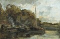 Moored sailing barges along a canal - Jacob Henricus Maris