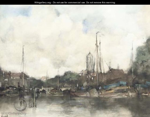 A view of a Dutch harbour town - Jacob Henricus Maris