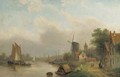 Shipping on a river by a village - Jan Jacob Coenraad Spohler