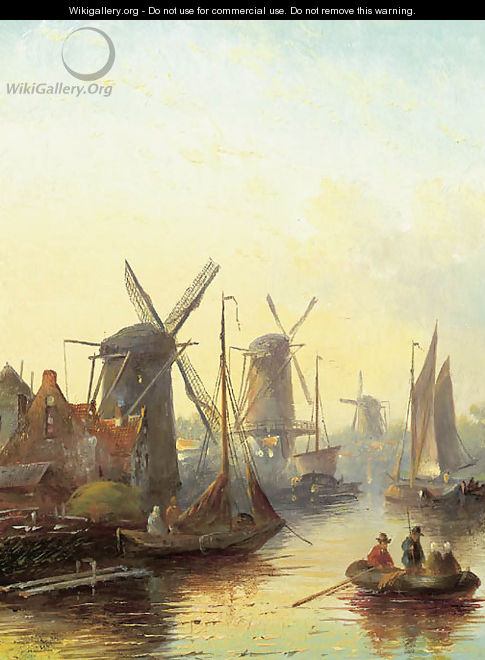 A summer landscape with windmills along a river - Jan Jacob Coenraad Spohler