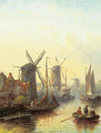 A summer landscape with windmills along a river - Jan Jacob Coenraad Spohler
