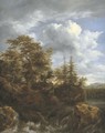A wooded river landscape with a waterfall and travellers on a bridge - Jacob Van Ruisdael