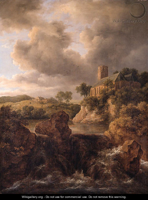 A waterfall in a mountainous landscape, a church on a cliff beyond - Jacob Van Ruisdael