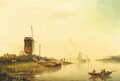A river landscape with fishermen, a windmill nearby - Jacob Hendrik Van Duinen