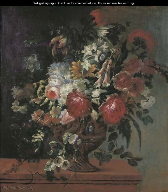 Roses, peonies, tulips, carnations, poppies and other flowers in a bronze vase on a ledge - Jacob Van Der Borcht