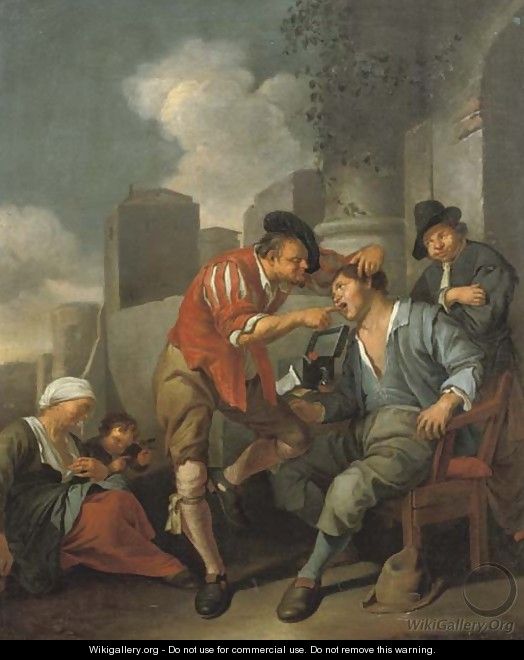 A dentist at work outside an archway - Jacob Toorenvliet