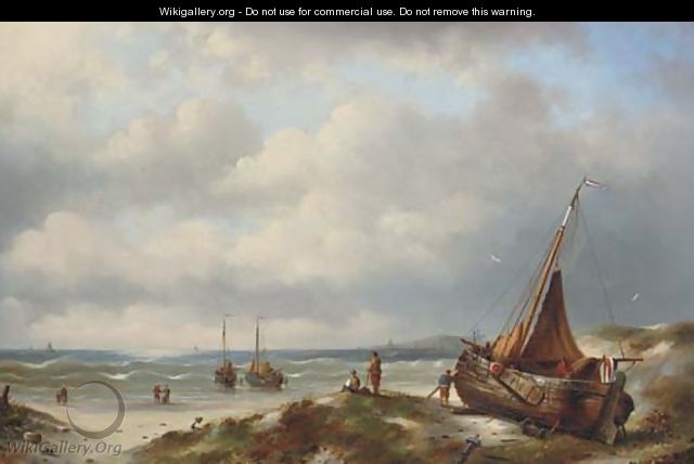Bomschuiten on the coastline - Jacob Ten Hagen