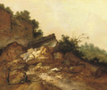 A rocky landscape with two peasants conversing near classical ruins - Jacobus Sibrandi Mancadan