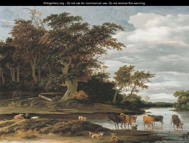 Herdsmen with cattle and sheep in a wooded river landscape - Salomon van Ruysdael