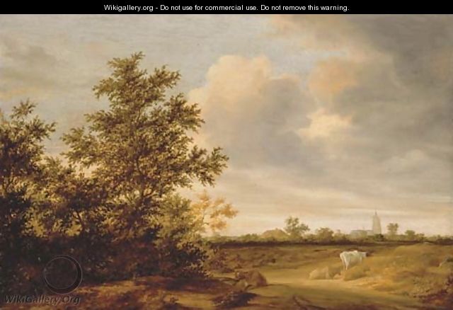 A wooded landscape with cattle, a church beyond - Salomon van Ruysdael