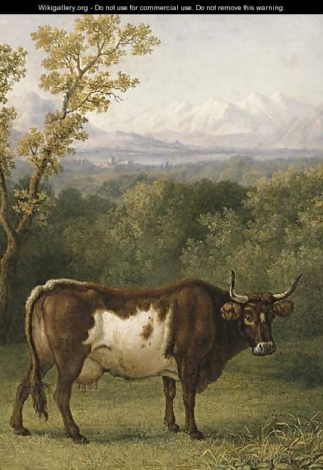 A cow out to pasture, an Alpine landscape beyond - Jacob Philipp Hackert