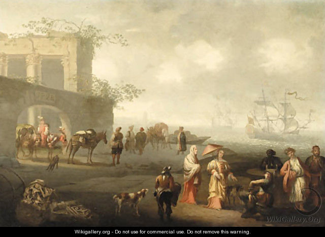 A Coastal Landscape with elegant Figures and Travellers by the Walls of a City - Jacobus De Jonckheer