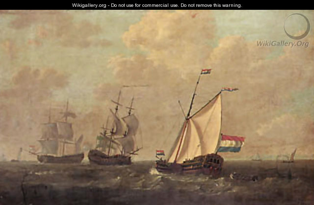 A cutter of the Dutch East India Company and two men-o-war with other shipping, a town on the horizon - Jacob Van Stry