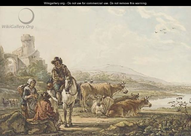 An extensive river landscape with peasants and cattle - Jacob van Strij