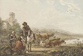 An extensive river landscape with peasants and cattle - Jacob van Strij