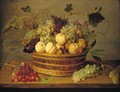 Grapes on the vine and peaches in a basket on a table, with a butterfly, beetle and fly on a wooden ledge - Jacob van Hulsdonck