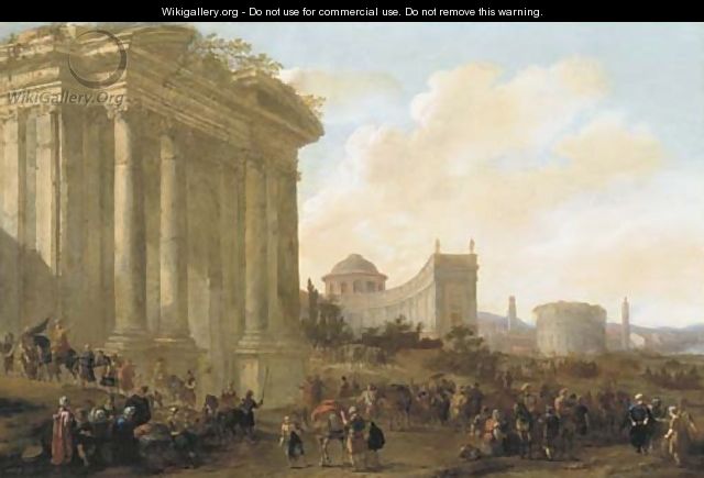 A capriccio of classical architecture in a town with soldiers and oriental merchants - Jacob Van Der Ulft