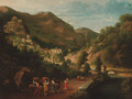 Peasants dancing on the way to market, a hilltop beyond - Italian School