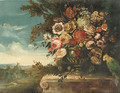 An Urn of Flowers and a Parrot on a Ledge before a Landscape - Italian School