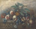 Peaches, grapes, oranges and an apple on an ornamental ledge - Italian School