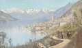 Peasants on a track above an Italianate lakeside town - Italian School