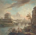 A capriccio view of the Tiber, with the Castel Sant' Angelo and Saint Peter's, Rome - Italian School