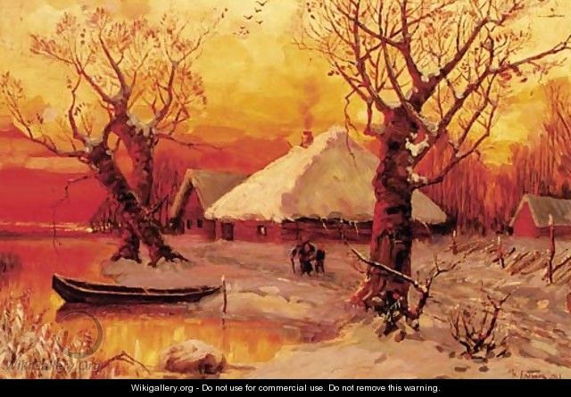 Winter - Lakeside Settlement at Sunset - Iulii Iul