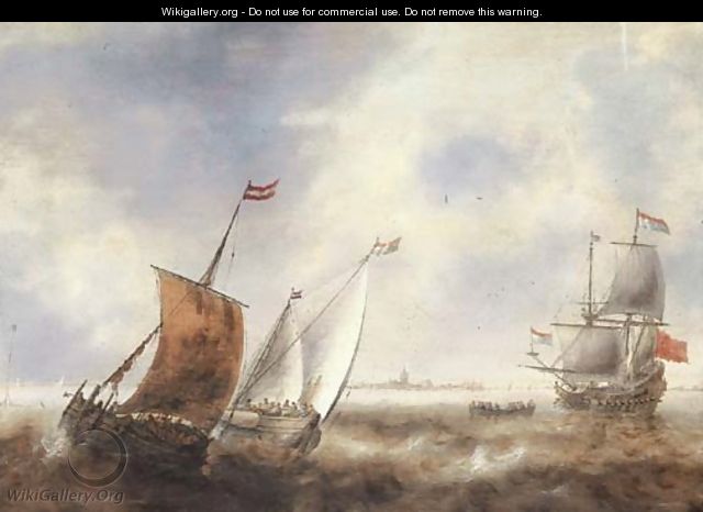 Two smalschips in stormy waters with a Dutch Man of War off the coast of a town - Jacob Adriaensz. Bellevois